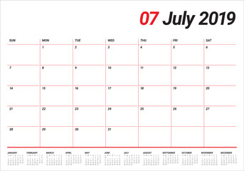July 2019 desk calendar vector illustration