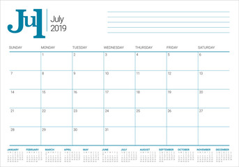 July 2019 desk calendar vector illustration