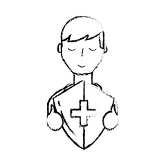man character holding shield protection medical symbol