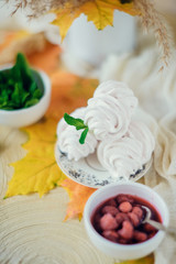 Obraz na płótnie Canvas Homemade marshmallow with mint and raspberry, surrounded by yellow autumn leaves, on a light background