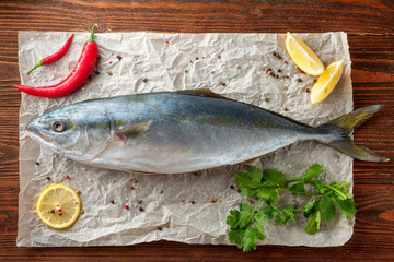 Fresh tuna with vegetables, top view