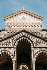 Amalfi coast in Italy, the most beautiful city. Streets and old architecture, narrow passages, shops and cafes. View from the sea and above
