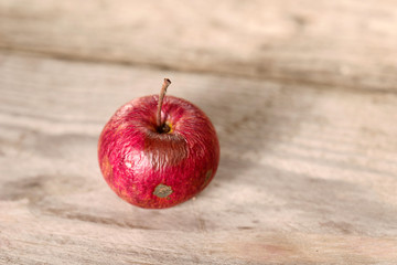 Old apple on wooden background
