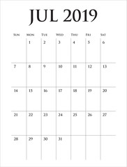 July 2019 desk calendar vector illustration
