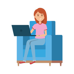 young woman at sofa with laptop