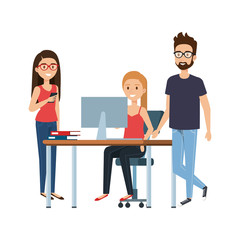 young woman at desk with laptop and companions