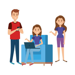 young woman at sofa with laptop and companions