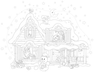 The night before Christmas, Santa Claus with his gifts for a little girl in a snow-covered house, black and white vector illustration