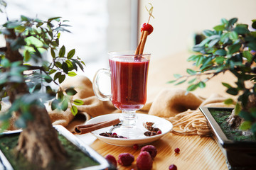 Closeup of hot mulled wine in glass with cinnamon sticks