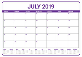 July 2019 desk calendar vector illustration