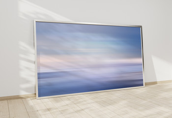 Large horizontal frame leaning on a white wall 3D rendering