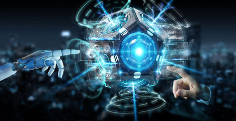 White humanoid hand using drone security camera 3D rendering