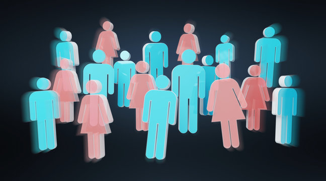 3D rendering group of people with blue man and pink woman