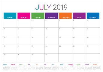 July 2019 desk calendar vector illustration