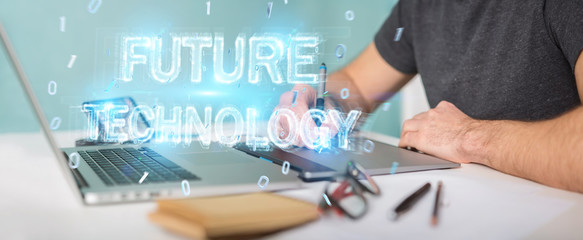 Graphic designer using future technology text interface 3D rendering