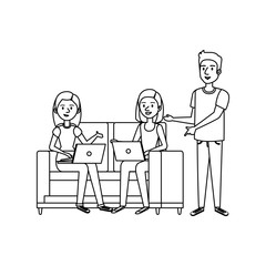 young girls on the sofa with laptops and man