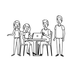 young woman at desk with laptop and companions