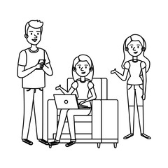 young woman at sofa with laptop and companions