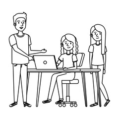 young woman at desk with laptop and companions