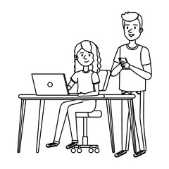 young woman at desk with laptop and companions