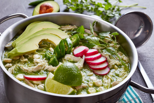 Chicken Pozole Verde In A Metal Casserole