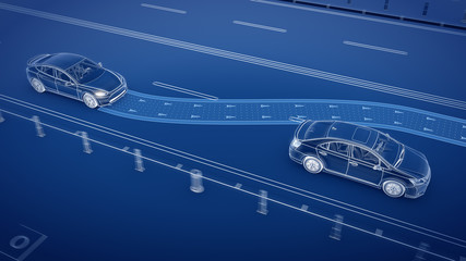 Autonomous self driving electric car change the lane and overtakes city vehicle