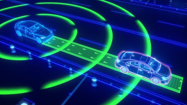 Autonomous self driving electric car change the lane and overtakes city vehicle