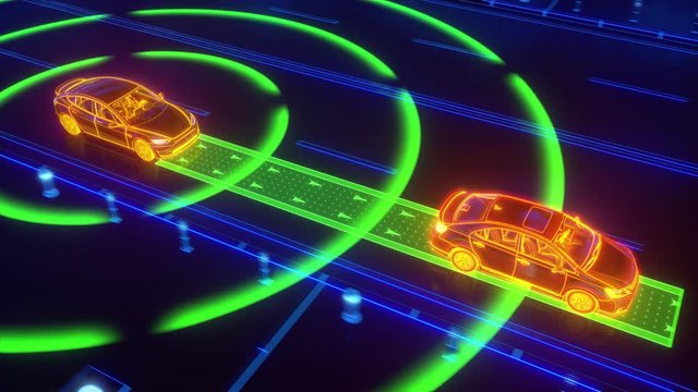 Autonomous self driving electric car change the lane and overtakes city vehicle 3d rendering