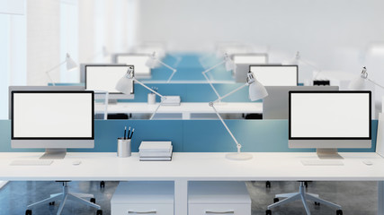 Office space. Open space. Design of office. 3D rendering.