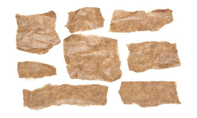 Cardboard scraps set and collection isolated on white background with clipping path, top view