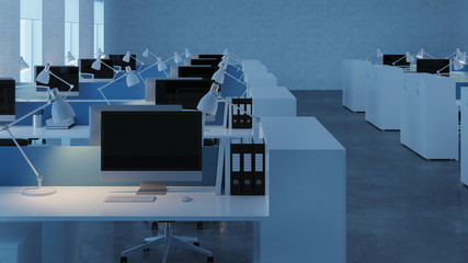 Office space. Open space. Design of office. 3D rendering.