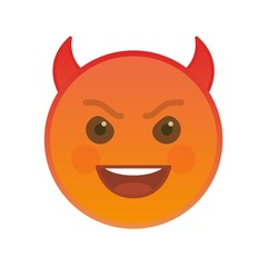Devil emoticon isolated on white background. Crazy red emoji mascot symbol. Social communication and internet chatting vector element. Demonic smiley face with facial expression in flat style.