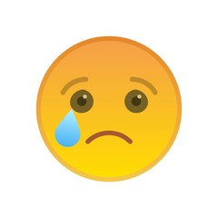 Crying emoticon isolated on white background. Melancholy yellow emoji symbol. Social communication and internet chatting vector element. Sad smiley face with facial expression in flat style.