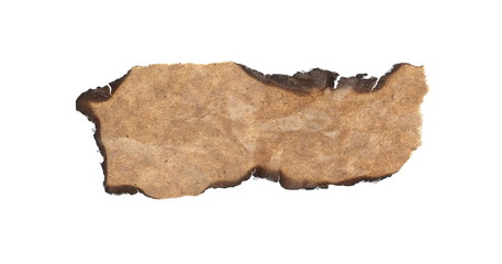 Burned and charred paper, cardboard scraps isolated on white background with clipping path, top view