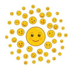 World smile day holiday art composition. Various happy emoticons on white background. Funny festival of happiness. Joyful smile emoji isolated objects. World social festive event vector illustration.