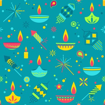 Diwali Colorful Seamless Pattern With Main Holiday Symbols. Vector Illustration