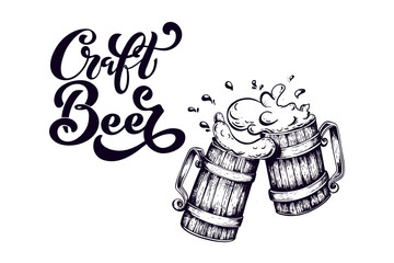 Craft beer. Logo, handwritten lettering for restaurant, cafe menu. drawing of beer mugs. Vector elements for labels, logos, badges, stickers or icons. Vector illustration, food design.