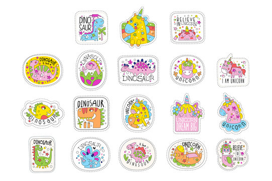 Lovely unicorn patches set, trendy colorful unicorn stickers in different actions vector Illustrations on a white background
