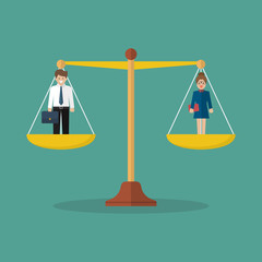 Businessman and woman balancing on scales