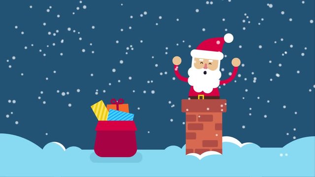 Santa Claus is jumping in a chimney on a snowy roof of cute house. Animation video in flat style, motion graphic with christmas concept. Greeting e-card with ribbon banner and text happy holidays