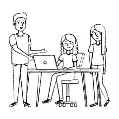 young woman at desk with laptop and companions