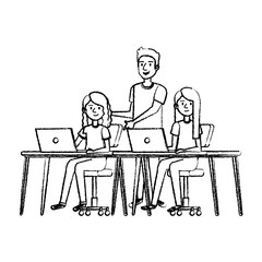 young women at desk with laptop and companion