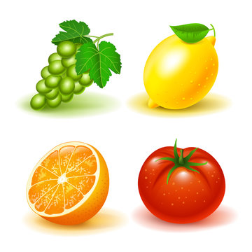 Vector image set icons of fruits and vegetables, grapes lemon orange tomato