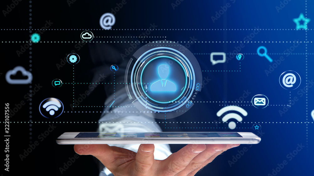 Wall mural businessman using a smartphone with a contact icon surrounding by app and social icon - 3d render