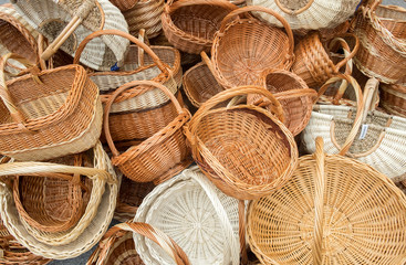 Wooden wicker baskets for sale at handcraft street market in Ribnica town. Slovenia