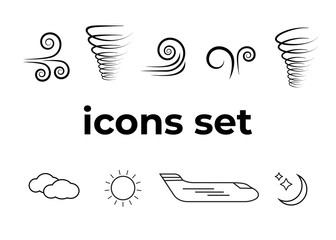 Vector icons set. Air and key icon. Name tag and film roll vector set icons