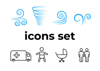 Vector icons set. Air and key icon. Name tag and film roll vector set icons