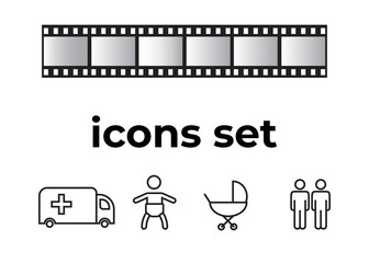 Vector icons set. Air and key icon. Name tag and film roll vector set icons