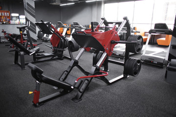 Modern equipment in new gym indoors