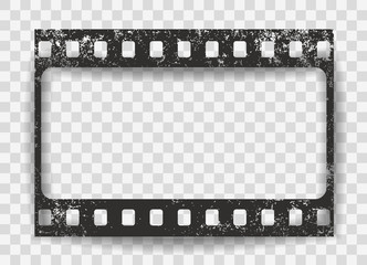 Black scratched grunge film strip with shadow on squared background. Vector.